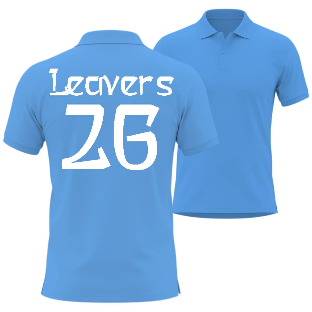 Blue polo shirt with 'Leavers 26' printed on the back  in asian hero style