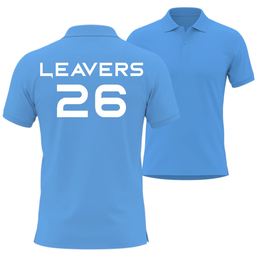 Sky Blue polo shirt with 'LEAVERS' and number '26' printed in bord style on the back