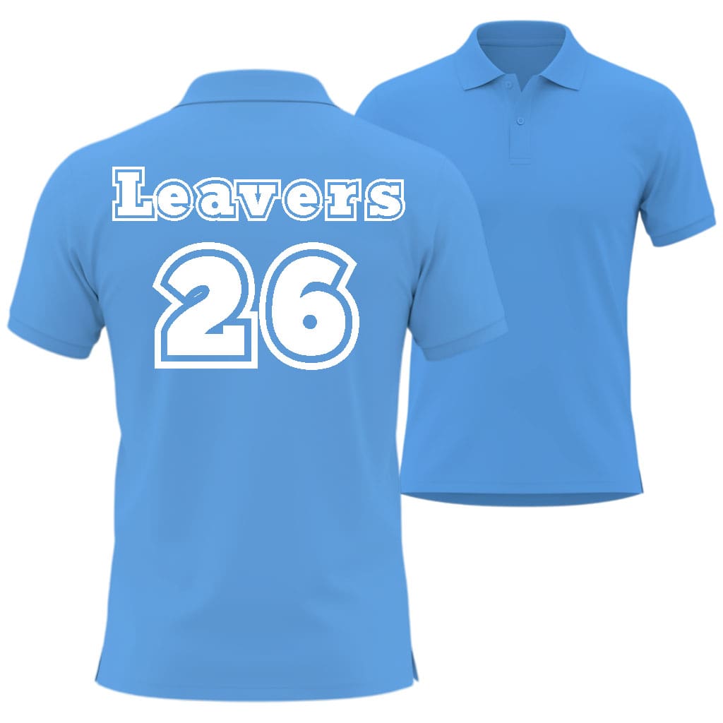 Blue polo shirt with 'Leavers 26' text on the back, in 212 sport style displayed from front and back views.