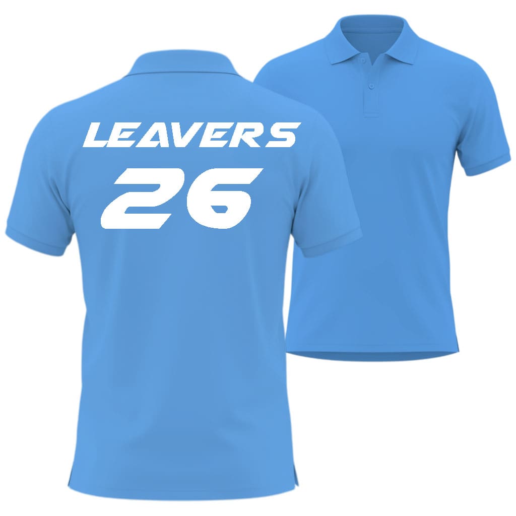 Blue polo shirt with 'LEAVERS 26' text on the back, in airstrike style shown from front and back views.