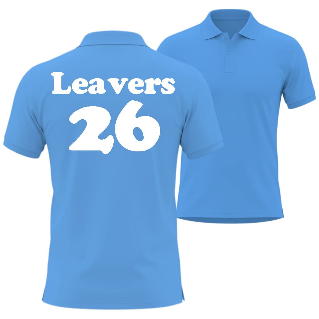Blue polo shirt with 'Leavers 26' text on the back, in Cooper Black Style shown from front and back views.