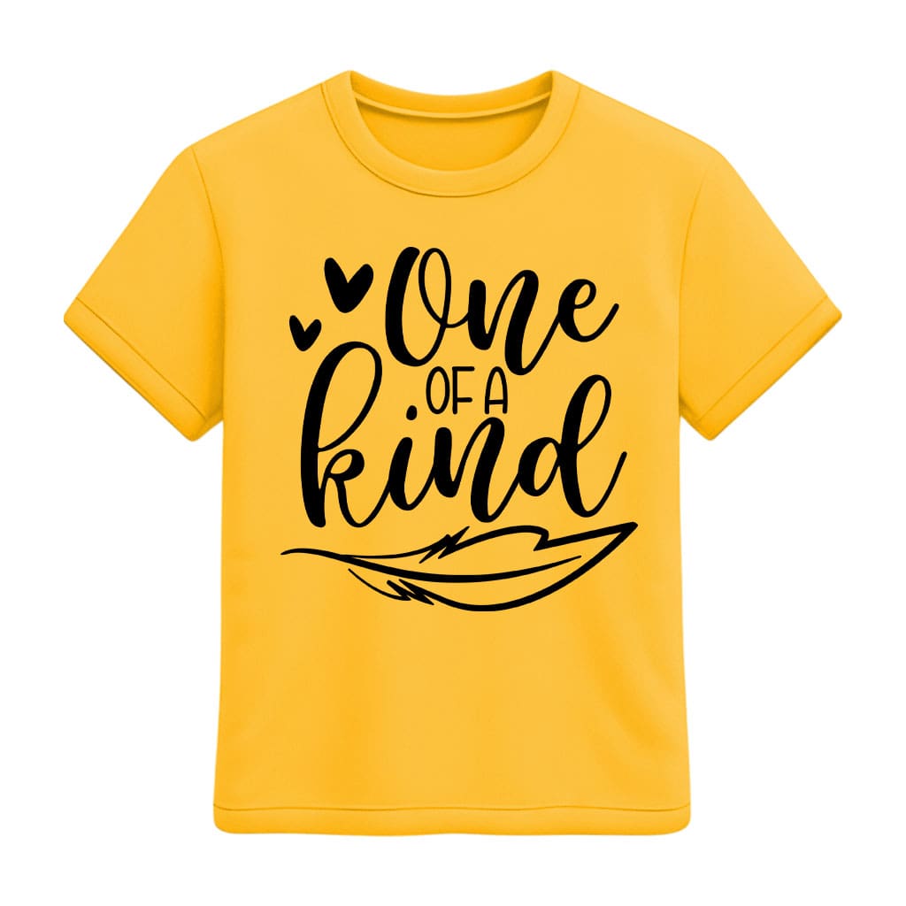 Yellow t-shirt with 'One of a Kind' text on a white background
