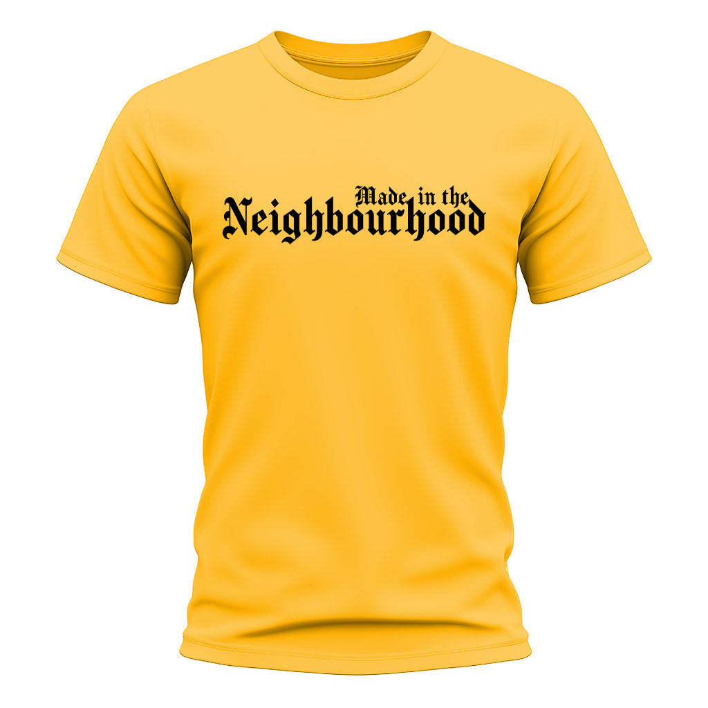 Yellow t-shirt with 'Made in the Neighbourhood' text on a white background