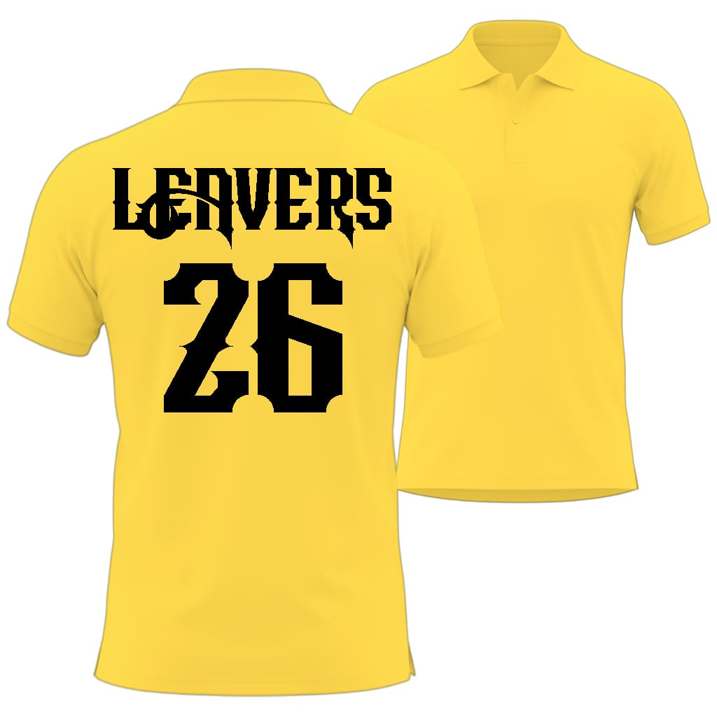 Yellow polo shirt with 'Leavers 26' printed on the back