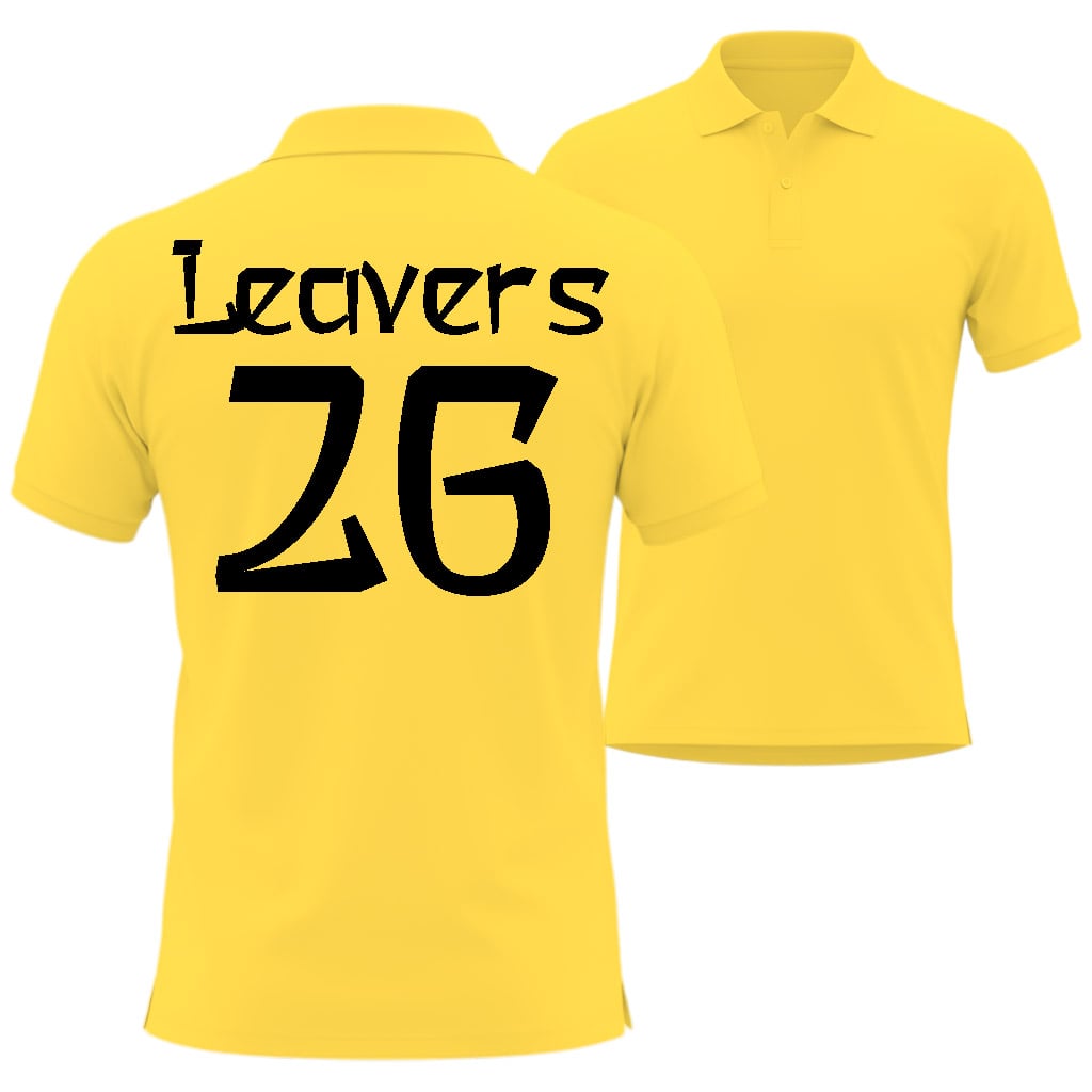 Yellow polo shirt with 'Leavers 26' printed on the back  in asian hero style