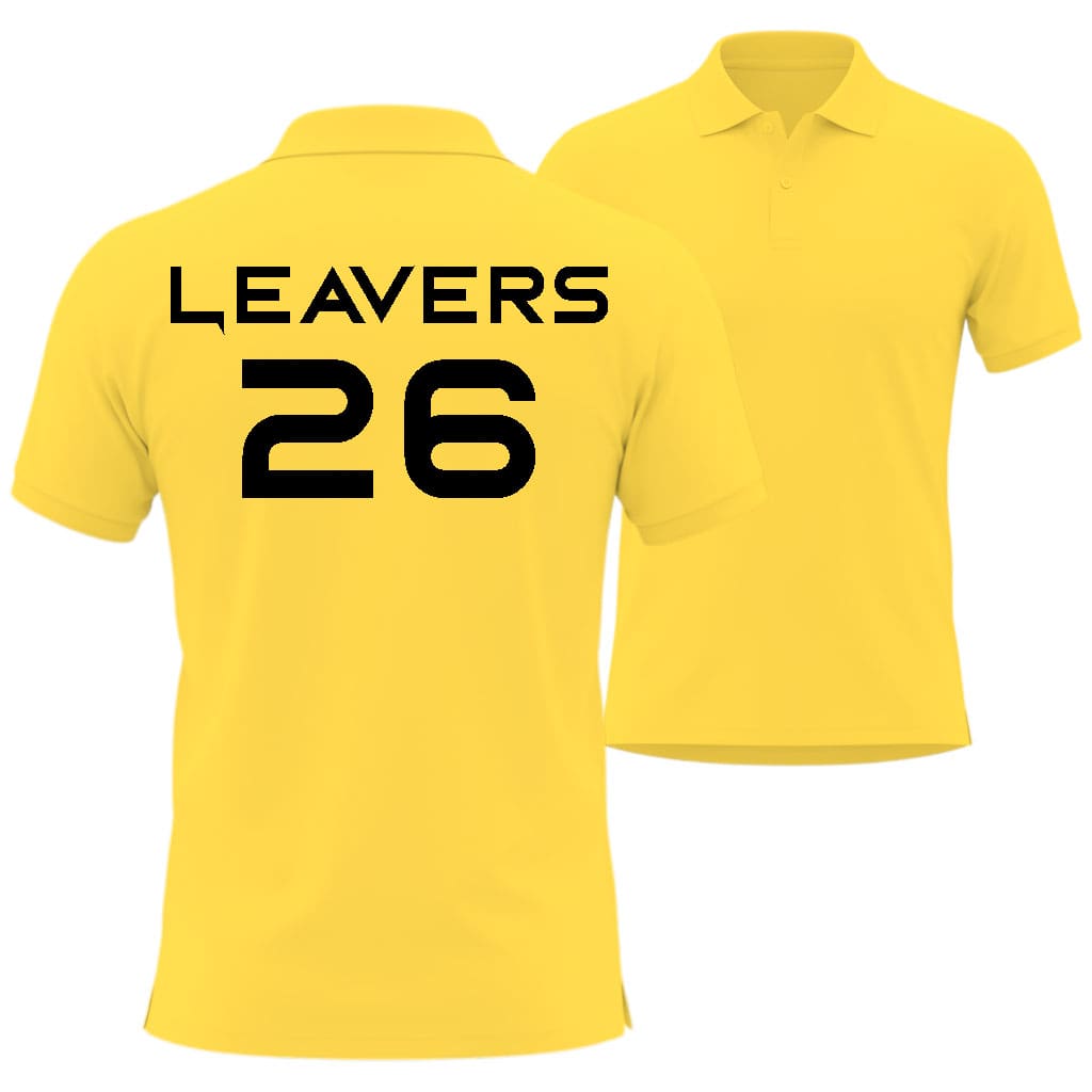 Yellow polo shirt with 'LEAVERS' and number '26' printed in bord style on the back.