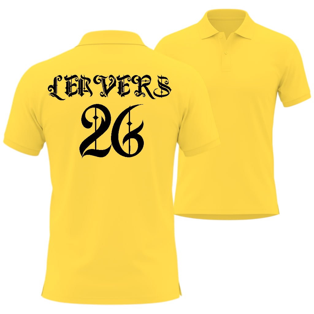Yellow polo shirt with 'LEAVERS 26' printed on the back
