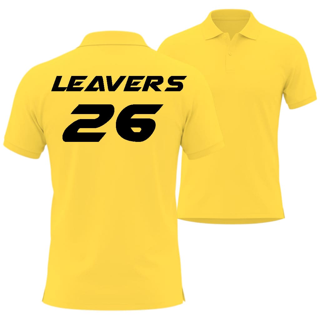 Yellow polo shirt with 'LEAVERS' and number '26' in airstrike style printed on the back.