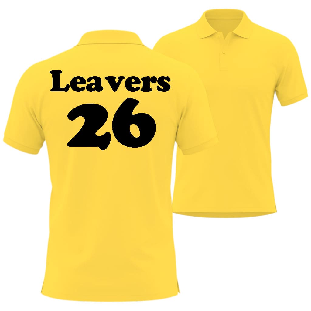 Yellow polo shirt with 'Leavers 26' text on the back, in Cooper Black Style on a white background