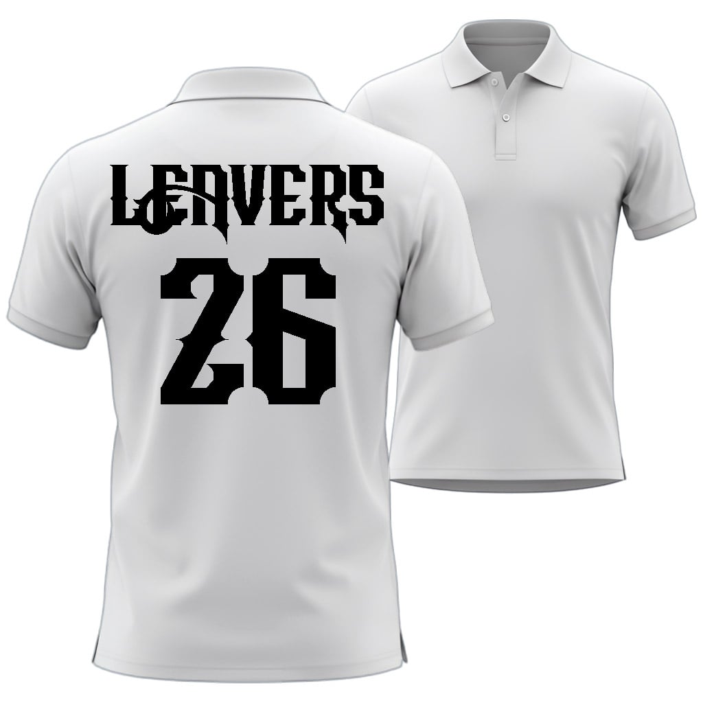 White polo shirt with 'LEAVERS' and number '26' printed on the back, on a white background.