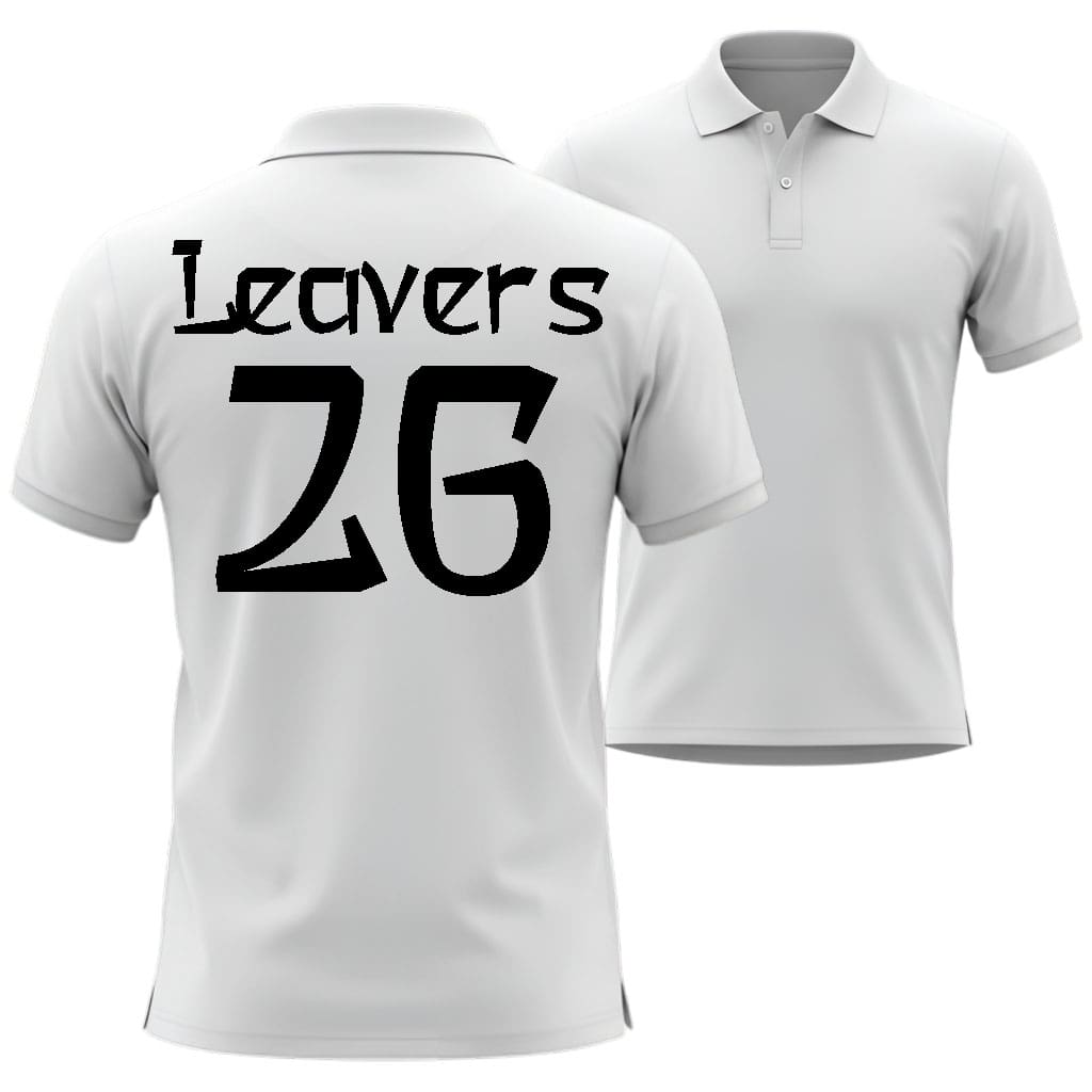 White polo shirt with 'Leavers 26' printed on the back  in asian hero style against a white background