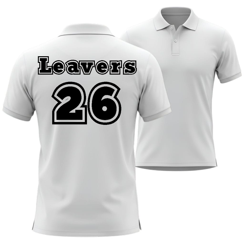 White polo shirt with 'Leavers 26' printed on the back in 212 sport style against a white background