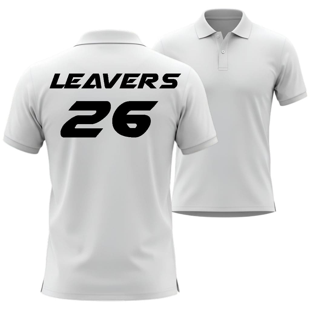 White polo shirt with 'LEAVERS' and number '26' in airstrike style printed on the back.
