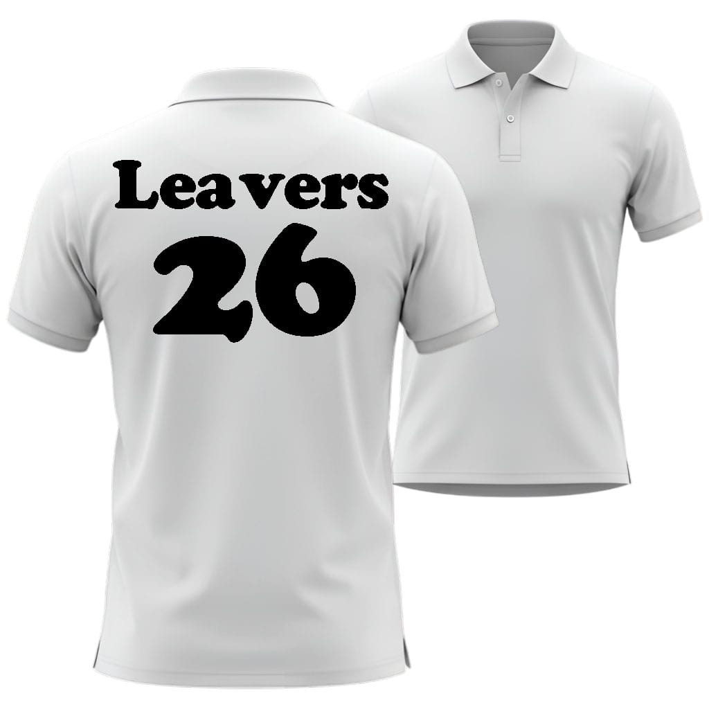 White polo shirt with 'Leavers 26' text on the back, in Cooper Black Style displayed from front and back views.