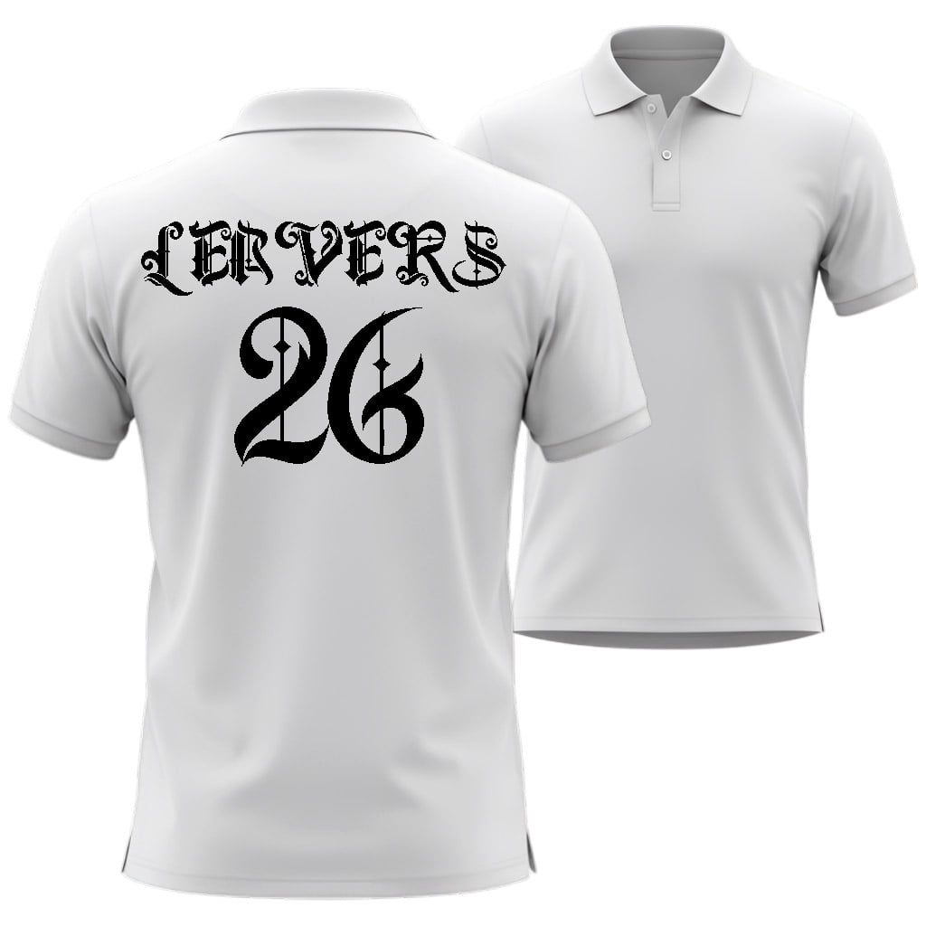 White polo shirt with 'Leavers 26' printed on the back